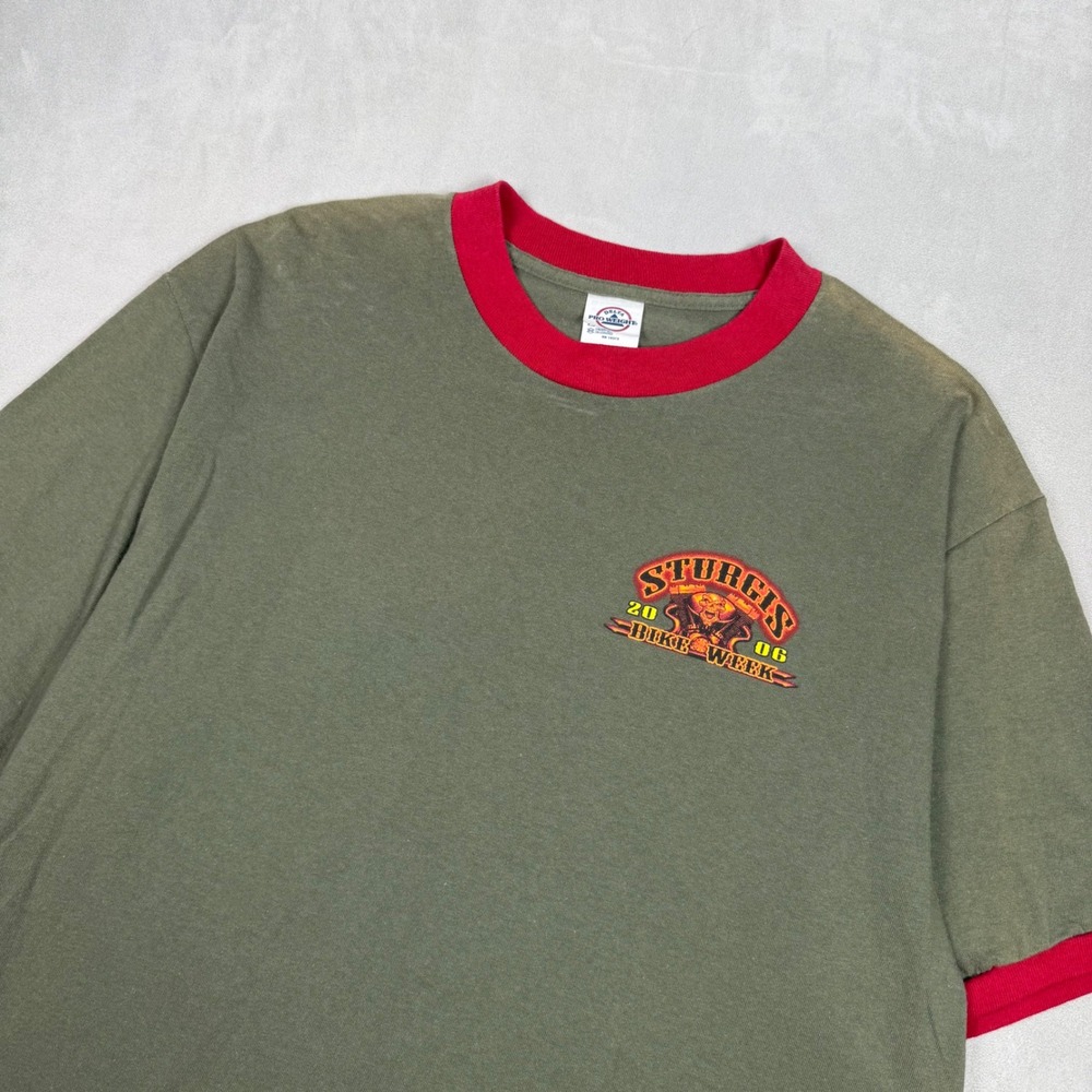 2000s Men Delta Sturgis Bike Week 2006 Graphic Ringer T-Shirt Olive Large - Picture 2 of 7